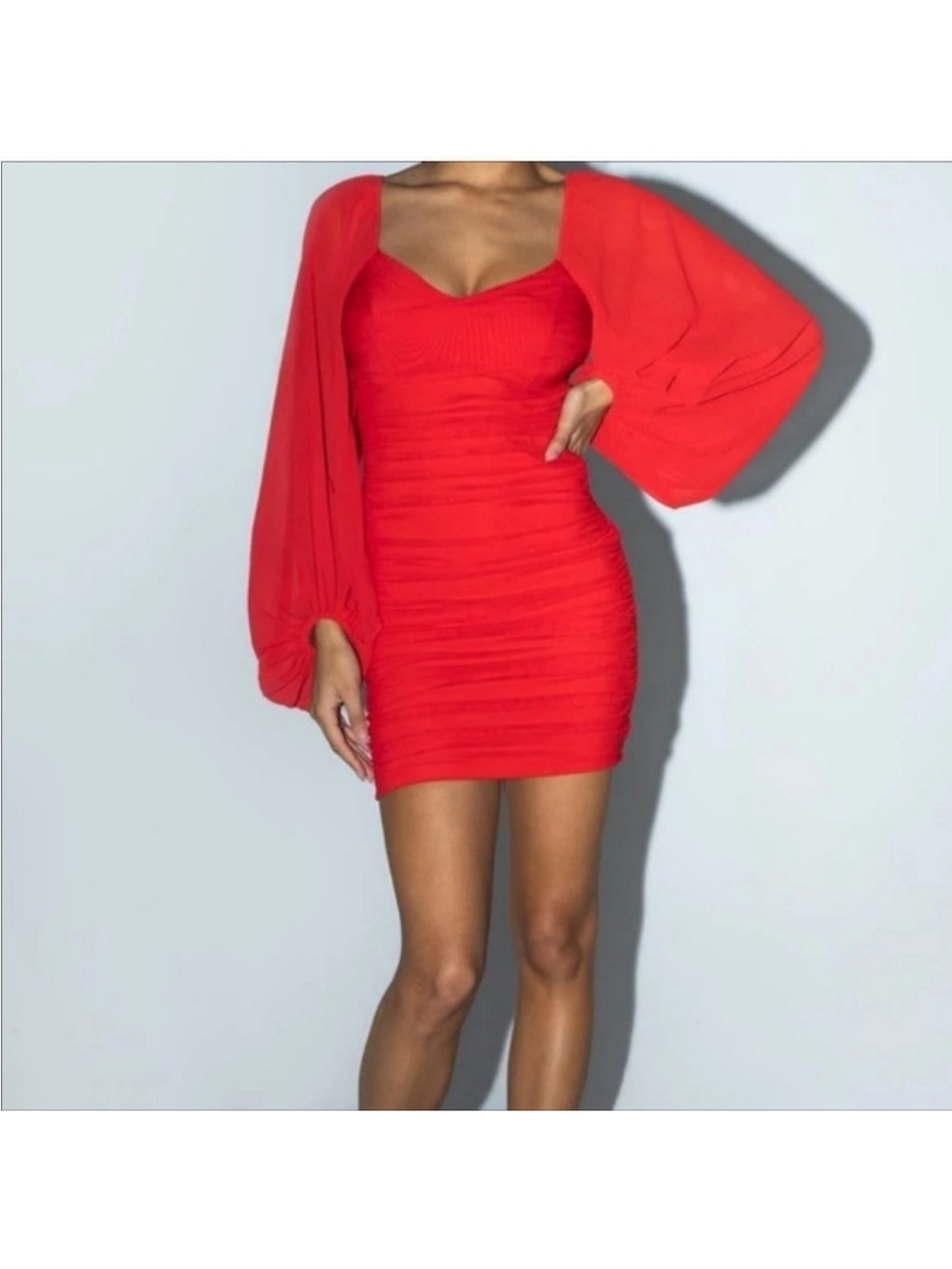 Princess Polly Liana Red Balloon Sleeve Ruched Bodycon Mesh Mini Dress 8 US